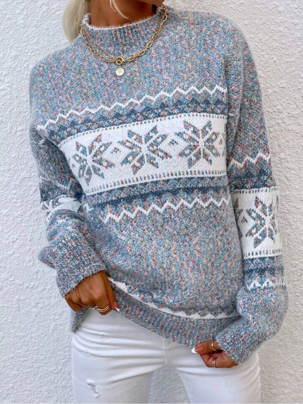 Cozy Fair Isle Knit Sweater - Blue Mix
